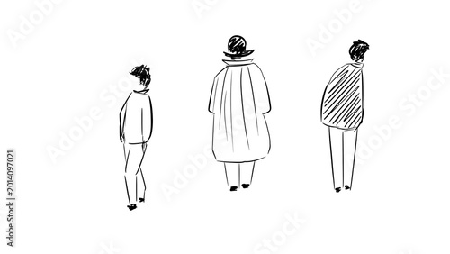 Minimalist Sketch Illustration of Three Standing Figures in Various Coats, Hats, and Postures on a White Background - Transparent PNG.