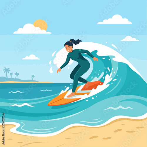 Photography cartoon vector of people surfing on the beach