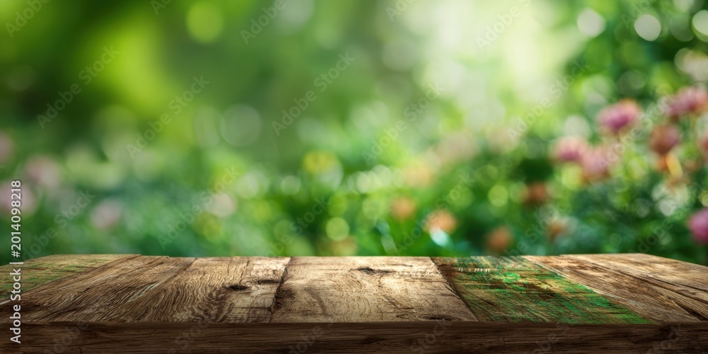 Fototapeta premium The wooden tabletop in a sunlit garden with blurred floral bokeh background for mockup