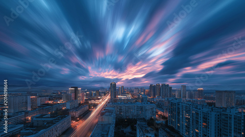 Urban Nightscape with Light Trails: A mesmerizing cityscape unfolds beneath a canvas of swirling clouds, revealing a symphony of light trails and architectural silhouettes.