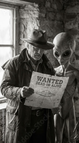 A man in a hat and trench coat holds a wanted poster for a UFO while an alien stands beside him.