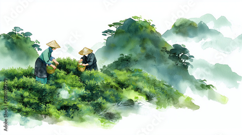 Two farmers wearing traditional hats are harvesting fresh tea leaves in a green mountain tea plantation watercolor painting