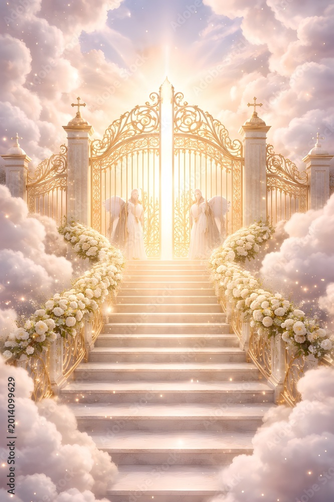 Fototapeta premium Heavenly Stairway With Flowers and Sunlight