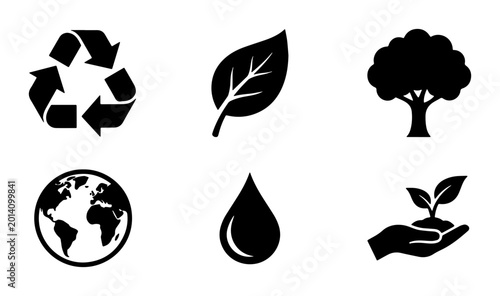 Schilderij op canvas Eco-friendly Icons Set: Recycling, Leaf, Tree, Earth, Water Drop, Seedling, Vect