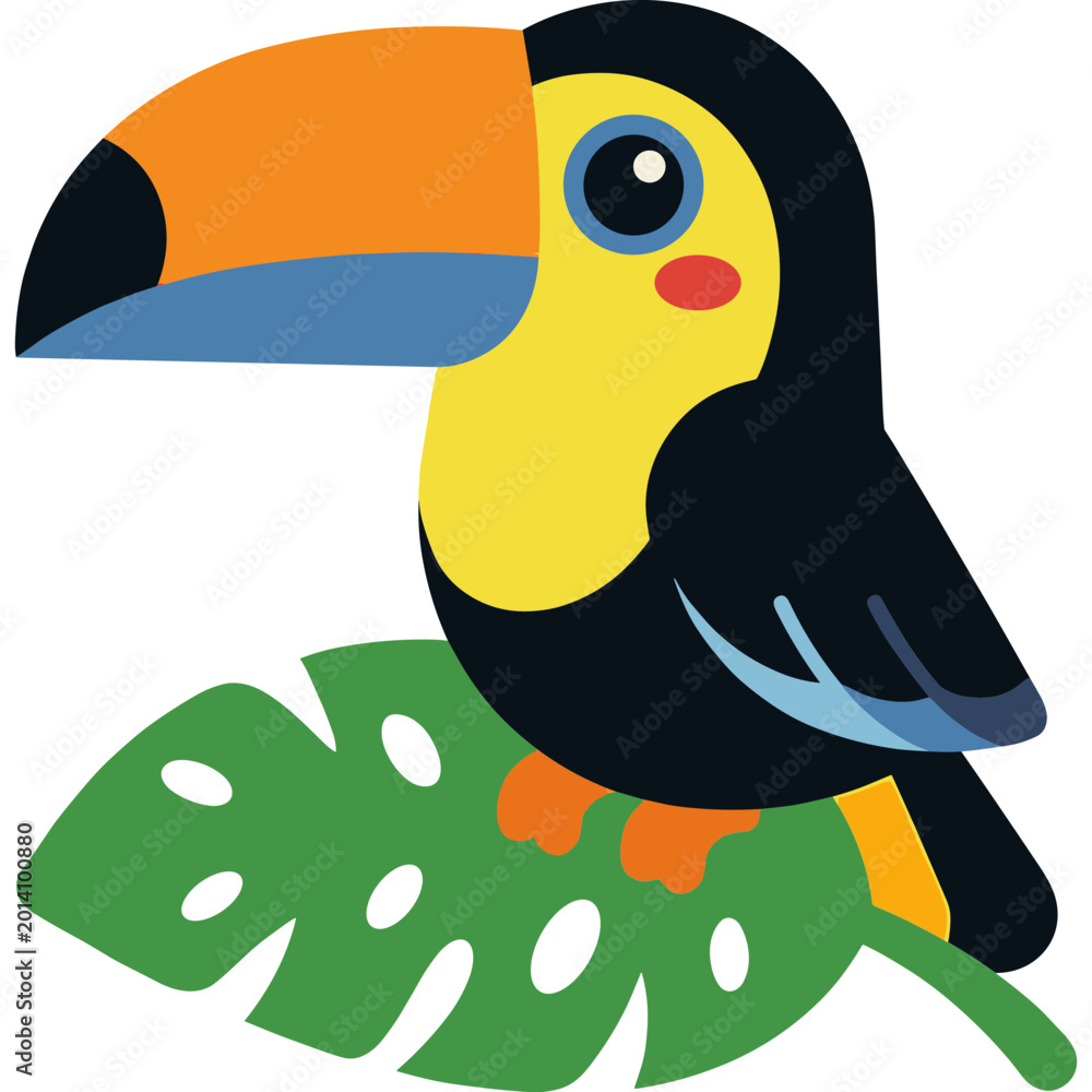 Fototapeta premium A colorful toucan perches on a large green leaf in the jungle.