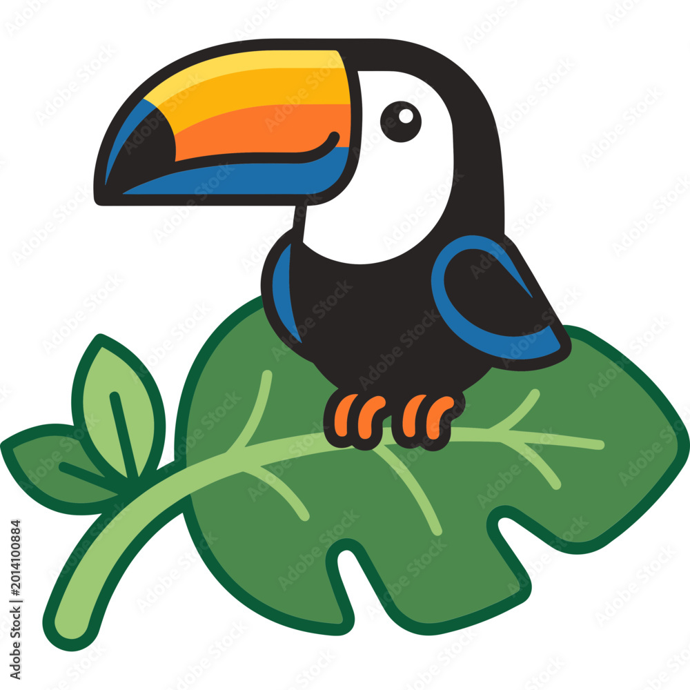 Fototapeta premium A colorful toucan perches on a large green leafy tropical plant branch outdoors