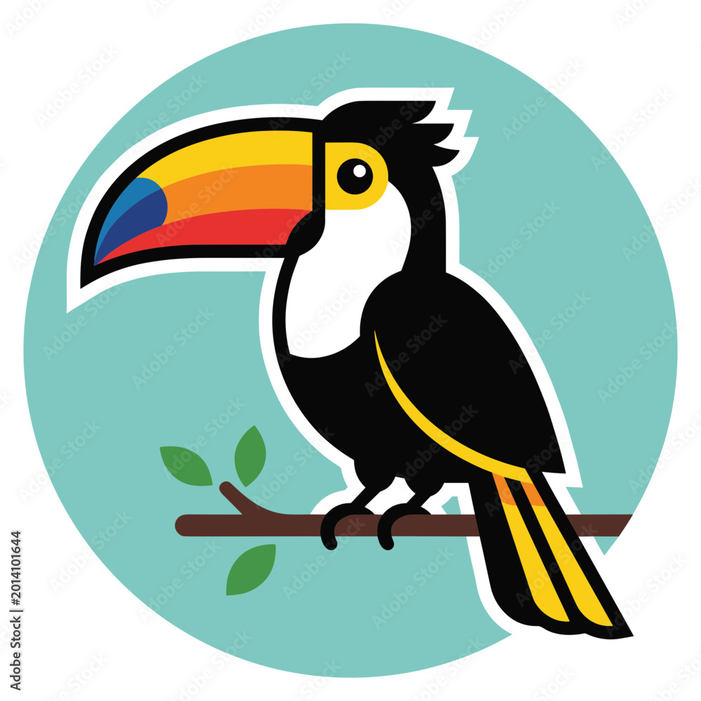 Fototapeta premium A colorful toucan perches on a branch with leaves in a natural setting.