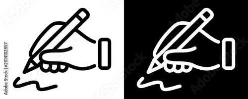 Hand writing icon with pen drawing line. Outline pictogram for signature, document, education, business and creative writing concepts. Black and white vector illustration.