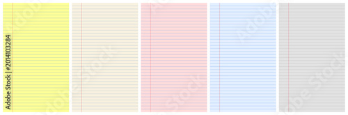 Vintage collection of vertical legal pad notebook templates. Yellow, pink, gray, blue, beige colored line papers. Clean blank memo sheet layout for office documents.