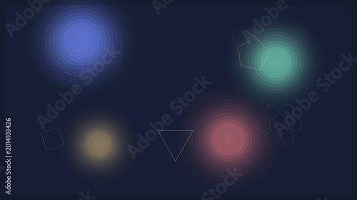 Abstract geometric motion background with glowing shapes and soft bokeh light effects. Minimalist dark blue composition featuring floating circles, triangles