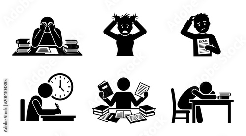6 Student silhouette icons, solid black style, depicting academic stress, studying, exhaustion, and examination pressure for educational concepts.