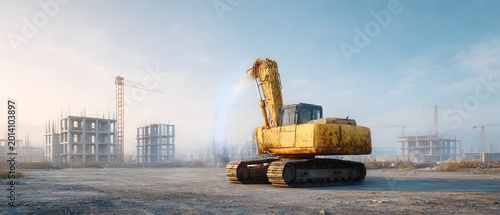 Back view of weathered yellow excavator at large scale construction site.