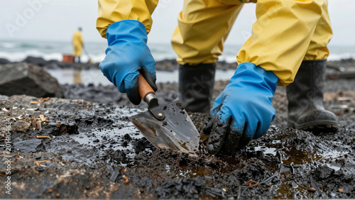 Close-up of a worker in a yellow hazmat suit cleaning thick crude oil from a rocky beach. This environmental cleanup effort addresses a toxic spill and severe coastal pollution