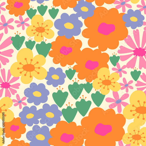 Colorful vector seamless pattern. Background with bright summer flowers. Floral design on a light background. Illustration with wildflowers and garden flowers.