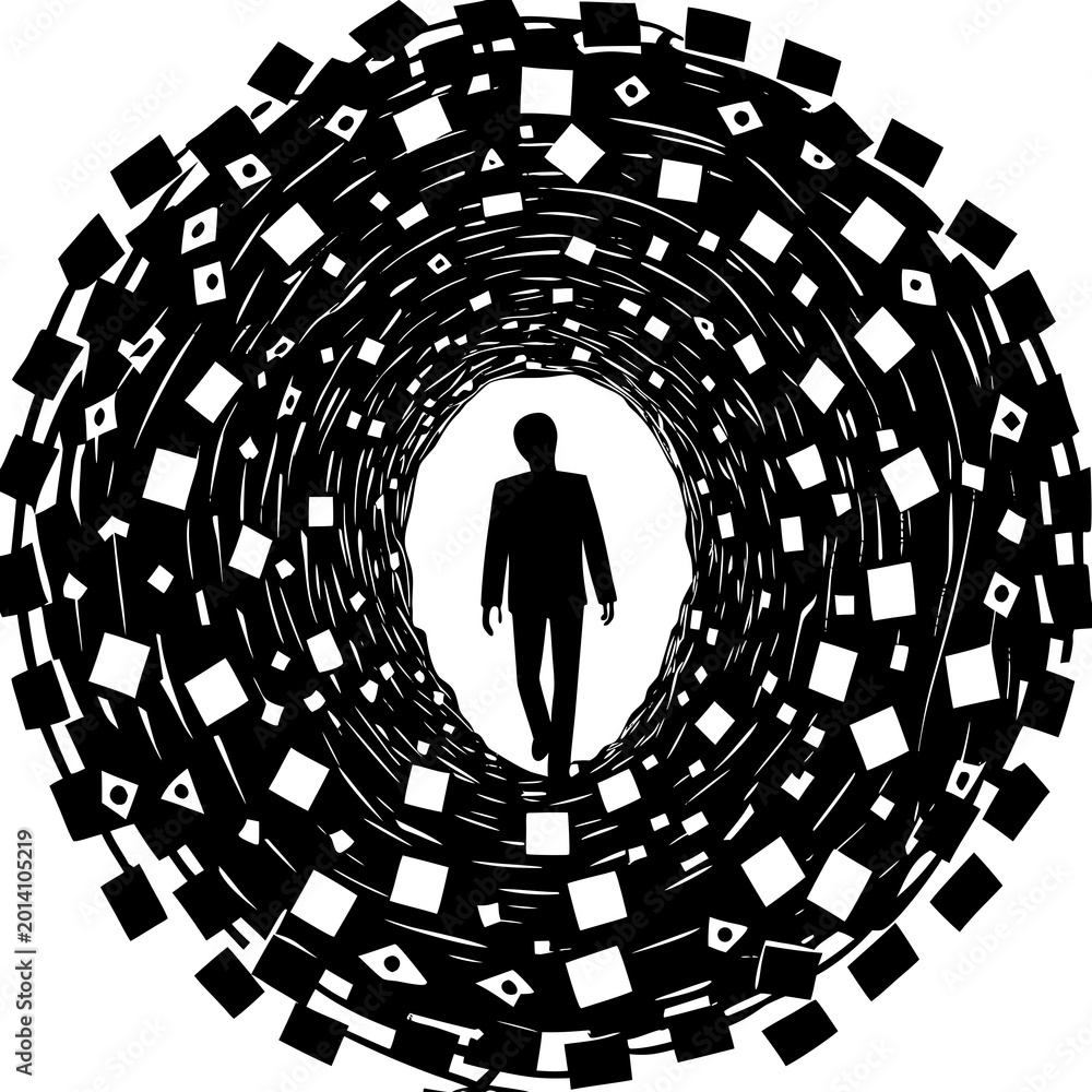 Fototapeta premium A person walking through a tunnel made of floating social media icons, concept of digital addiction