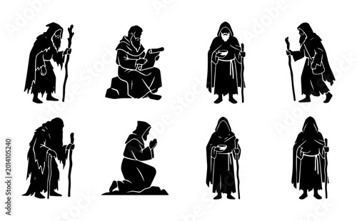 Tableau sur toile Monk Silhouette Icons, Religious Figures Set, Medieval Cloaked Characters, Spiri