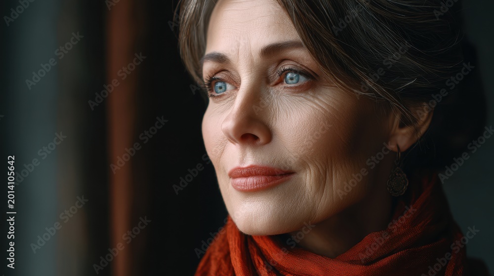 Fototapeta premium Portrait of an elegant woman with gray hair and piercing blue eyes gazing thoughtfully out of a window, captured in soft natural light, wearing a stylish scarf