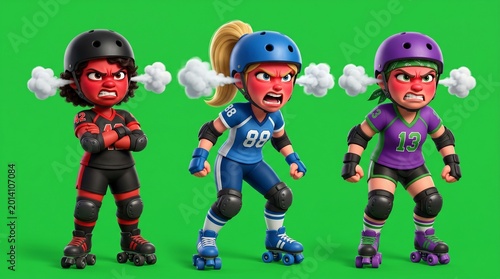 Three Angry Cartoon Roller Derby Girls with Steam Coming Out.