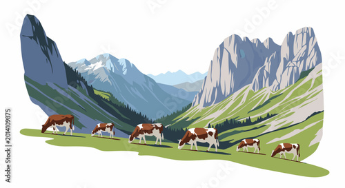Brown and white cows graze in a grassy mountain valley under rocky peaks