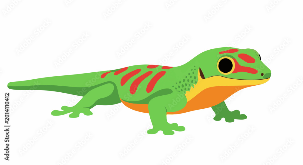 Fototapeta premium Cartoon green gecko with red stripes, yellow throat, and orange belly