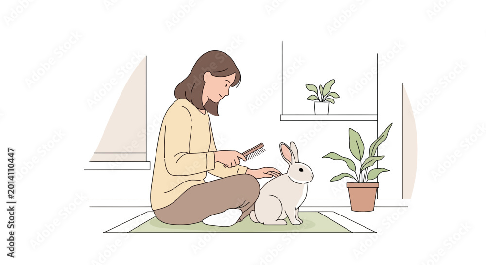 Fototapeta premium Woman grooming a white rabbit with a brush on a rug, indoor scene