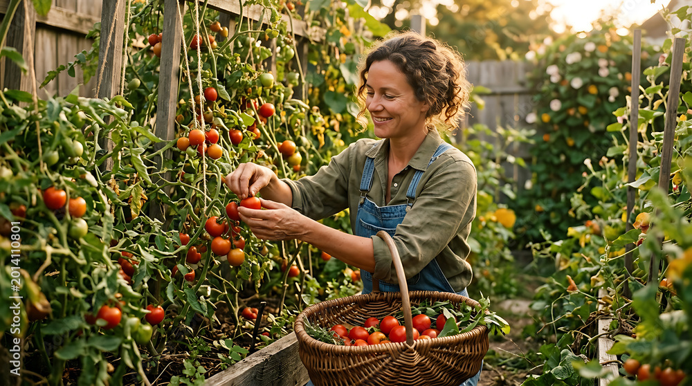 Fototapeta premium woman gardener harvesting fresh red tomatoes in lush garden isolated on transparent background