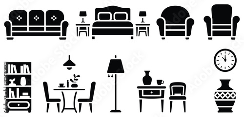 Billede på lærred Home Interior Icons: A collection of stylized interior design elements, including furniture and decorative items