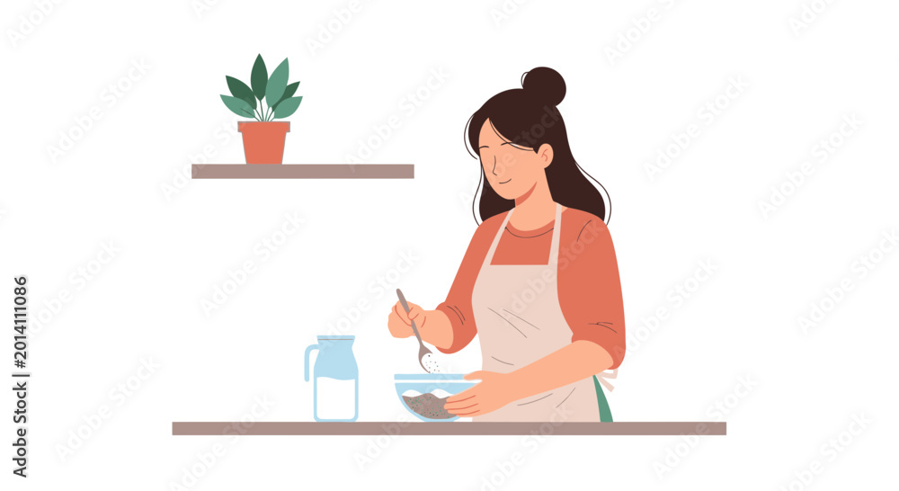 Fototapeta premium Woman in apron mixing ingredients in bowl, cooking at home kitchen, healthy food preparation