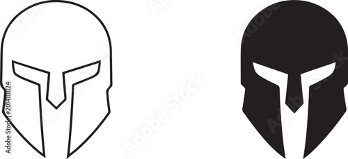Photos Spartan Greek helmet armor icon in black silhouette line art style