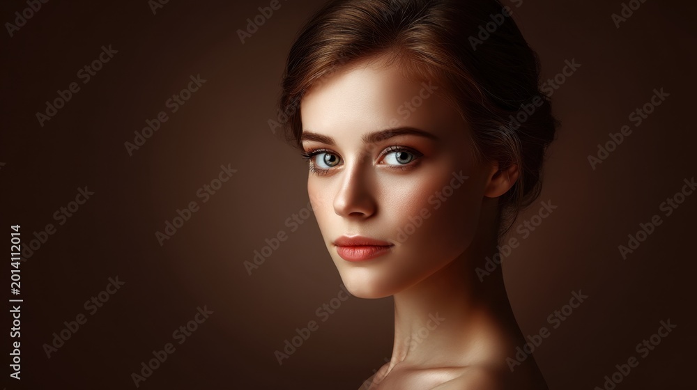Fototapeta premium Captivating Portrait of a Young Woman with Striking Blue Eyes and Soft Smooth Skin Against a Warm Brown Background for Artistic Photography