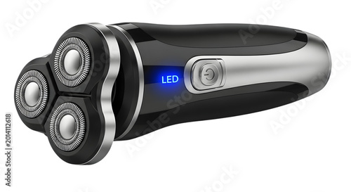 Obraz na płótnie Black and silver rotary electric shaver with blue led light isolated on transpar