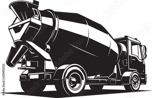 Cement mixer truck, construction vehicle, industrial icon, black and white vector