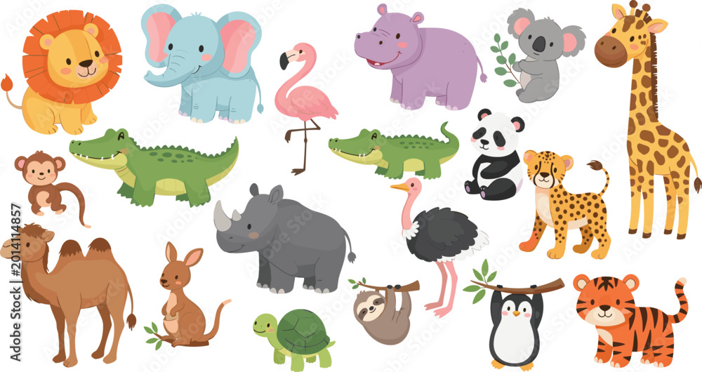 Naklejka premium Vector Set of Cute Safari and Jungle Animals Including Lions, Elephants, Giraffes, and More for Wildlife and Nature Designs.