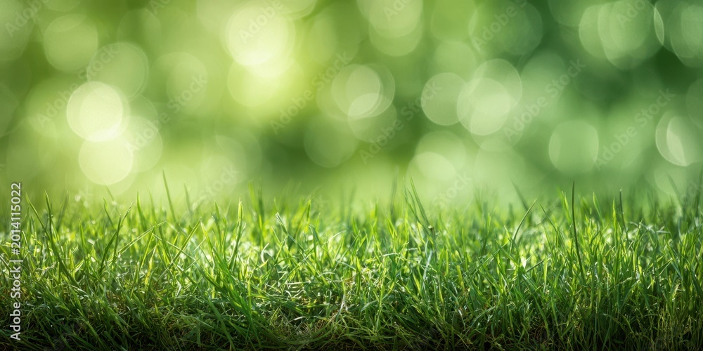 Fototapeta premium The grass stretching across the foreground with soft bokeh sunlight and freshness