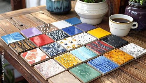 Colorful, square ceramic tiles arranged on rustic wooden table, with coffee