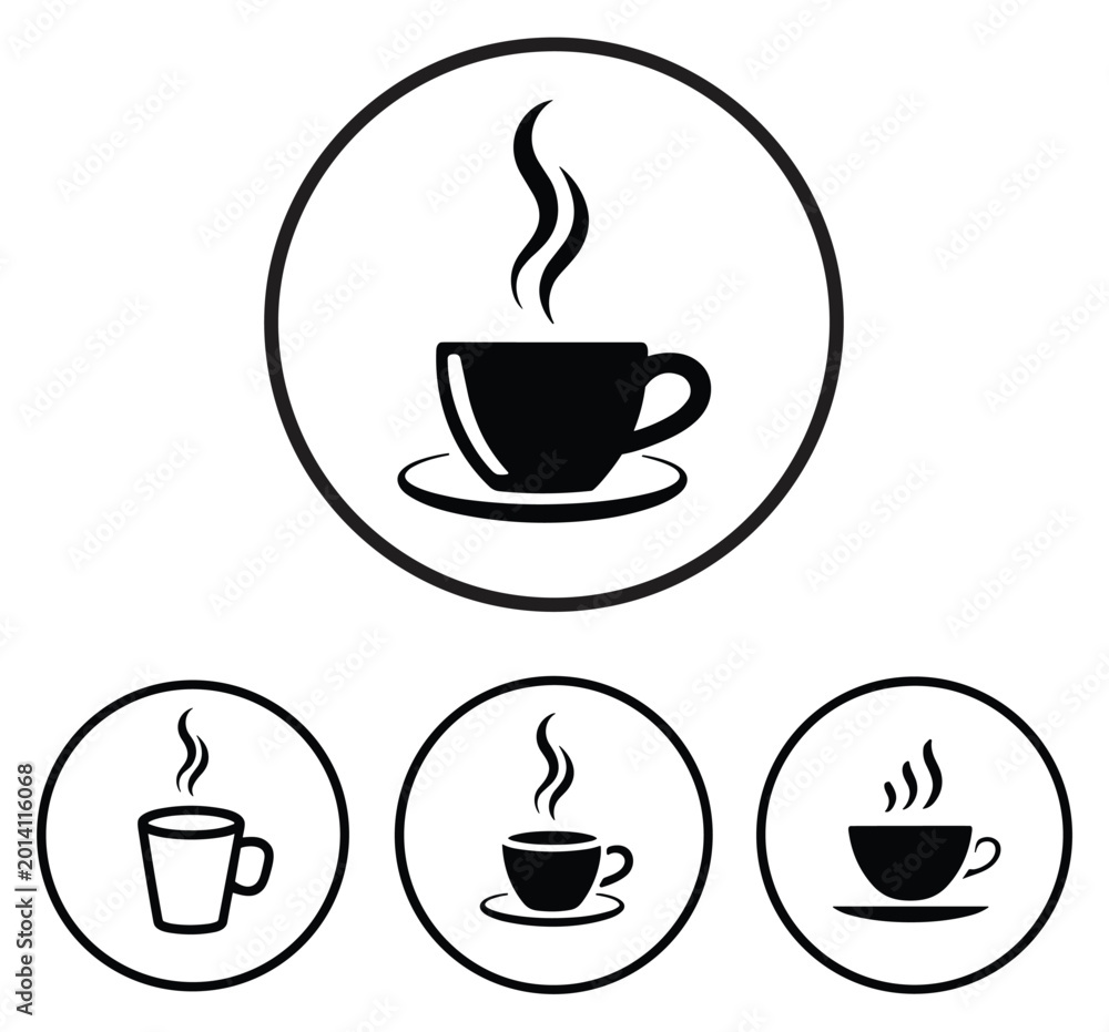 Obraz premium Coffee Cup Set Icon: Minimalist graphic of hot coffee cup icons for cafe theme. Beverage symbol, coffee cup with steam, morning cup, coffee shop symbol, simple design.