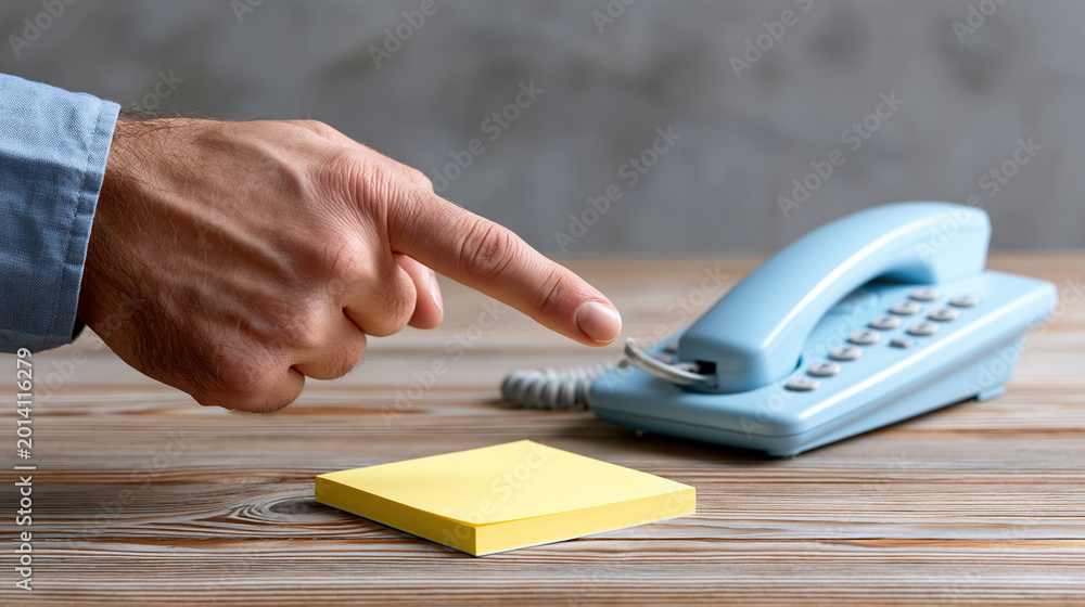 Fototapeta premium Focused agent hand press button on telephone near yellow blank sticky note during urgent call for customer service communication