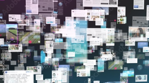 Dynamic collage of floating social media posts, mobile apps and news panels in a futuristic digital space, crafted for online marketing and technology brand storytelling