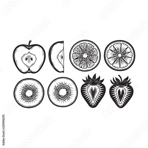 Set of hand drawn sliced fruits in black and white style