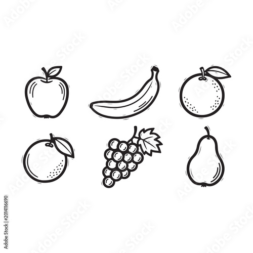 Hand drawn doodle fruit icon set with apple banana and grapes