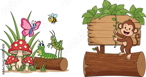 Canvas Print Vector Set of Cute Forest Creatures Including Butterflies, Bees, Grasshoppers, Mushrooms, and a Monkey for Nature and Wildlife Designs