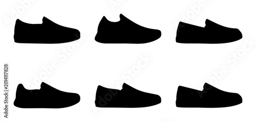 Fotografia Six Black Shoe Silhouettes: Casual Sneakers, Slip-ons, and Loafers, Vector Icons