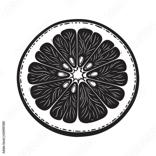 Black and white ink drawing of a sliced orange fruit