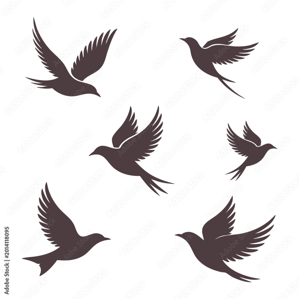 Obraz premium flying bird silhouettes set isolated on white background, minimalist bird icons for logo design and graphic elements, set of black bird silhouettes in different flight poses, vector illustration of bi