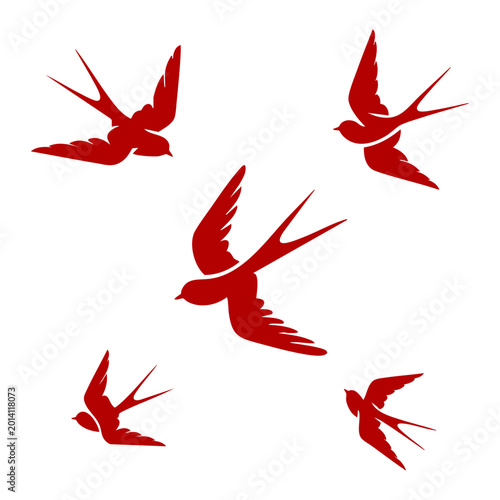 Fotografija Red flying swallow bird silhouettes set, Minimalist red bird flight vector icons
