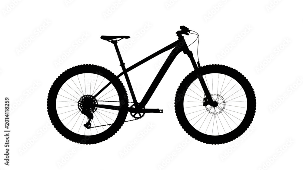Fototapeta premium Black and white vector illustration of a mountain bike with suspension fork and disc brakes Vector