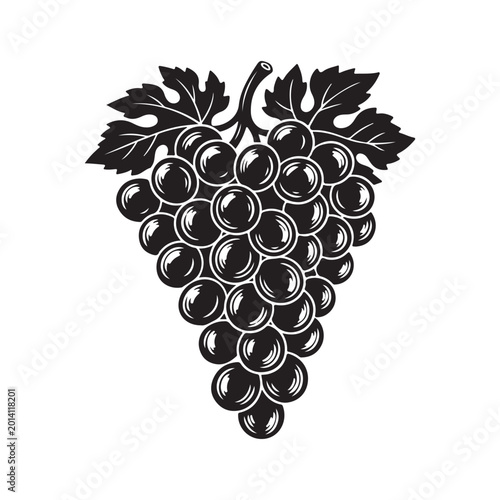 Black and white illustration of a bunch of grapes with leaves