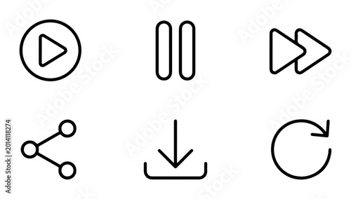 Tableau sur toile Minimalist Vector Icons: Play, Pause, Fast Forward, Share, Download, Refresh Con