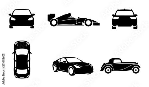 Bild auf Leinwand Diverse Car Icons: Modern, Classic, and Racing Vehicles, Front, Side, Top Views