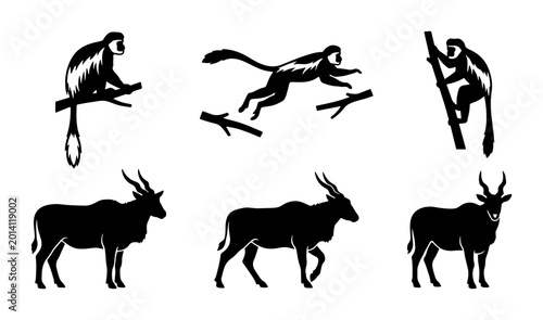 Quadro su tela African Wildlife Silhouettes: Primate and Antelope Vector Set, Jungle and Savann